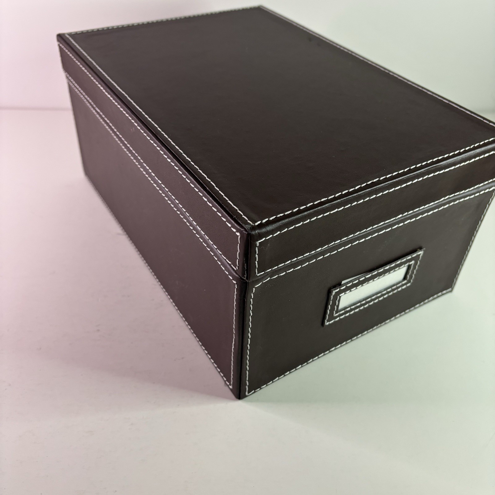 Photo Storage Organizer Box w/ Cases. Faux Brown Leather, Clear Cases with label