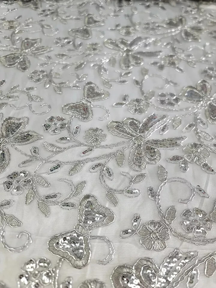 “Silver Sequin and Butterfly Embroidered Lace Fabric – Sold by the Yard