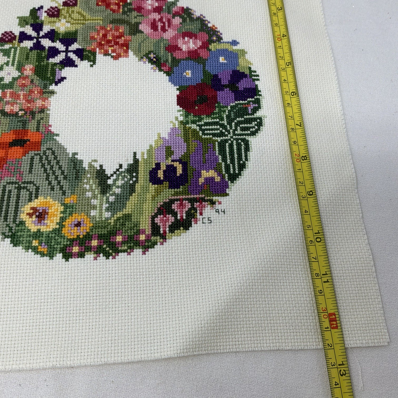 FINISHED Cross Stitched SUMMER WREATH on 12.5 x 13″ Canvas