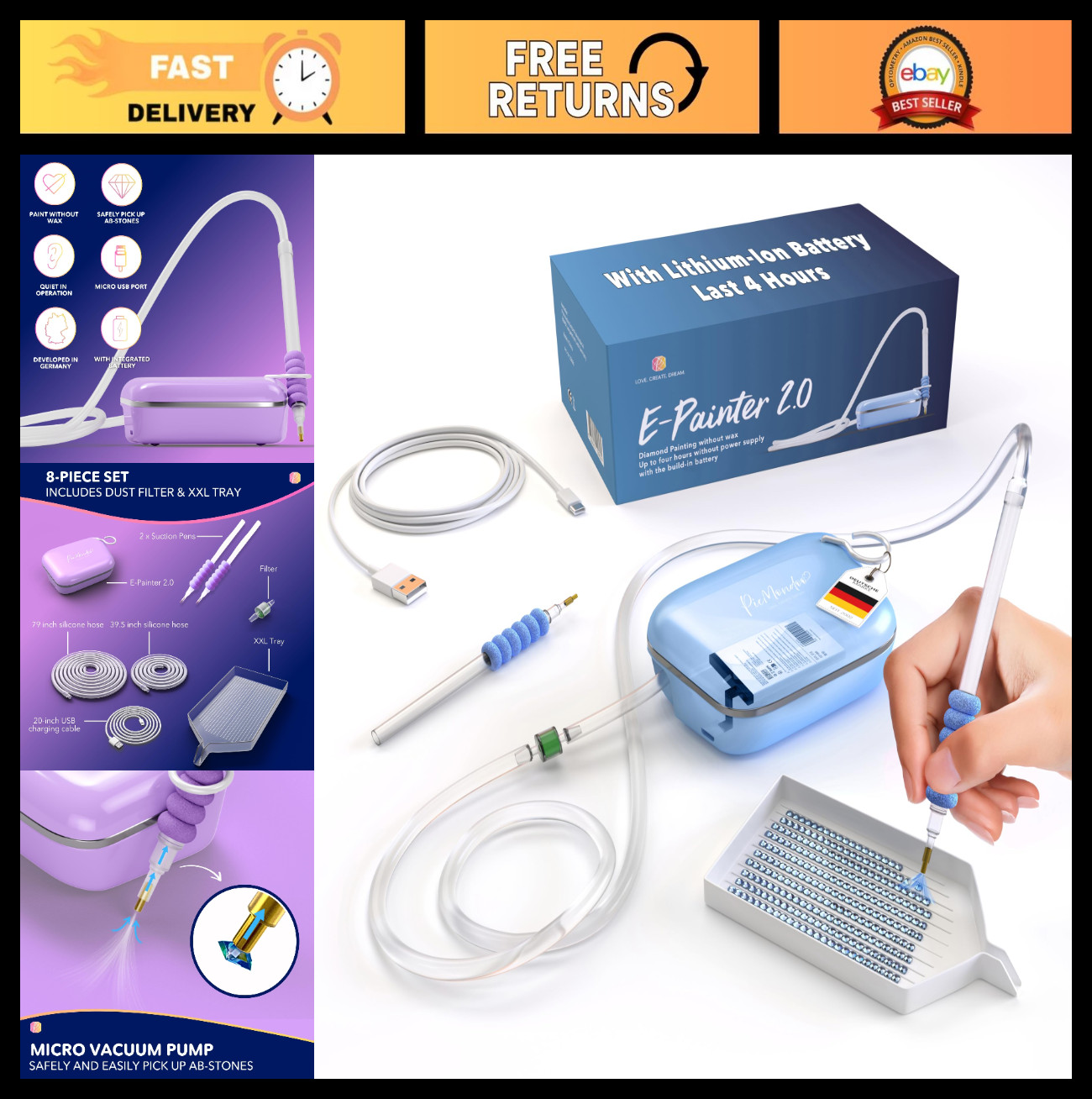 Wireless Diamond Painting Pen Kit – Vacuum Tool with Pump & Accessories, 4h Batt