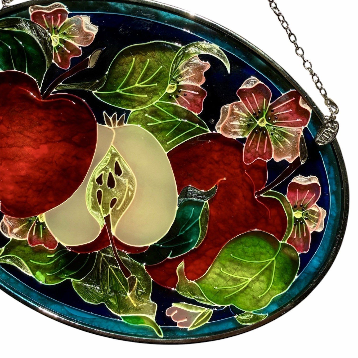 AMIA Stained Glass Suncatcher Apple Blossom Floral Fruit Hand Painted 7”x5.25”