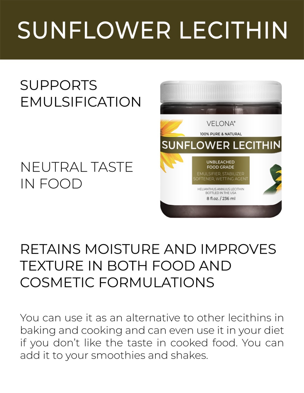 Sunflower Lecithin by Velona 2oz-7lb Unrefined Cold Pressed Hair Body Skin Care