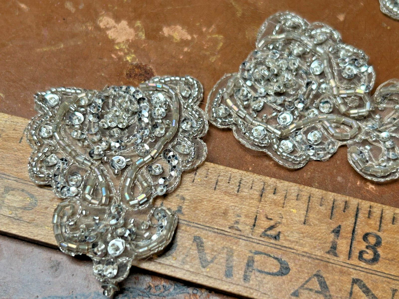 appliques beads sequins 2×3″ hand sewn 1pc champagne silver