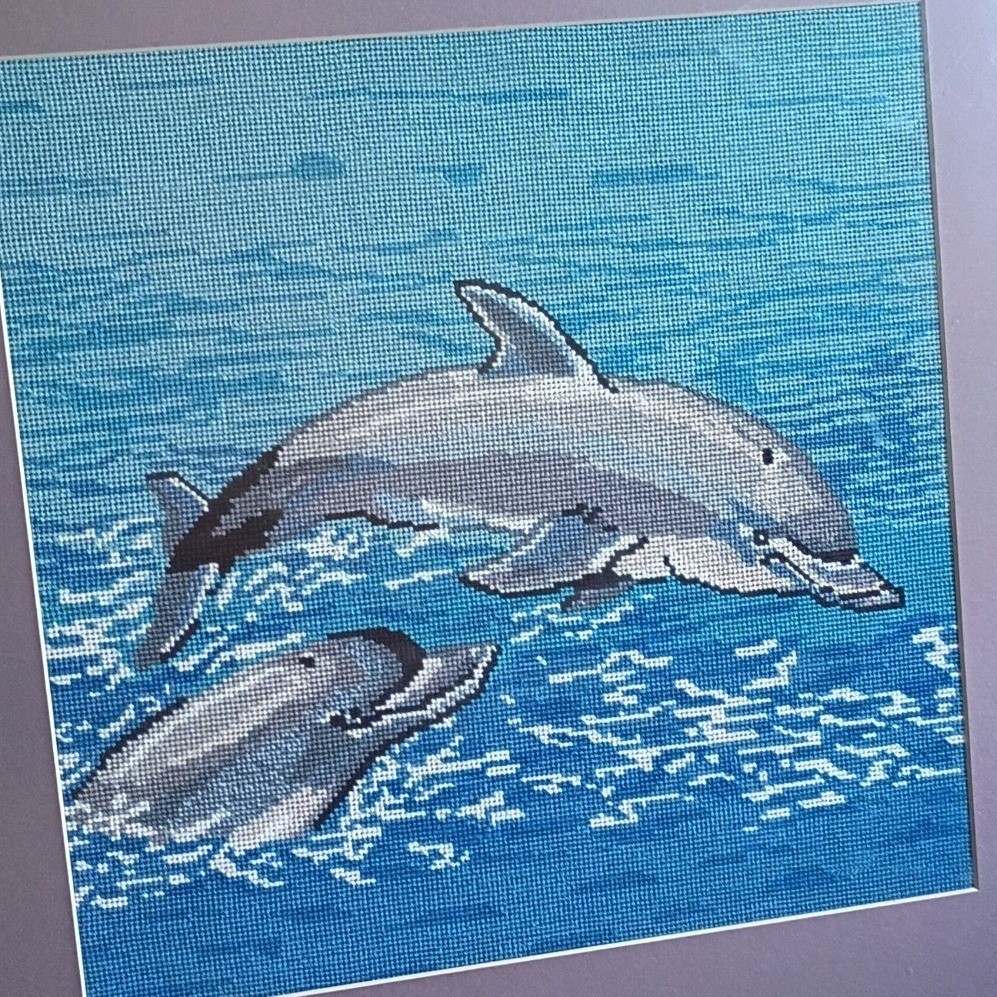 Vintage Framed Dolphin Needlepoint Wall Art 18×18 Nautical Ocean Decor Hand Made
