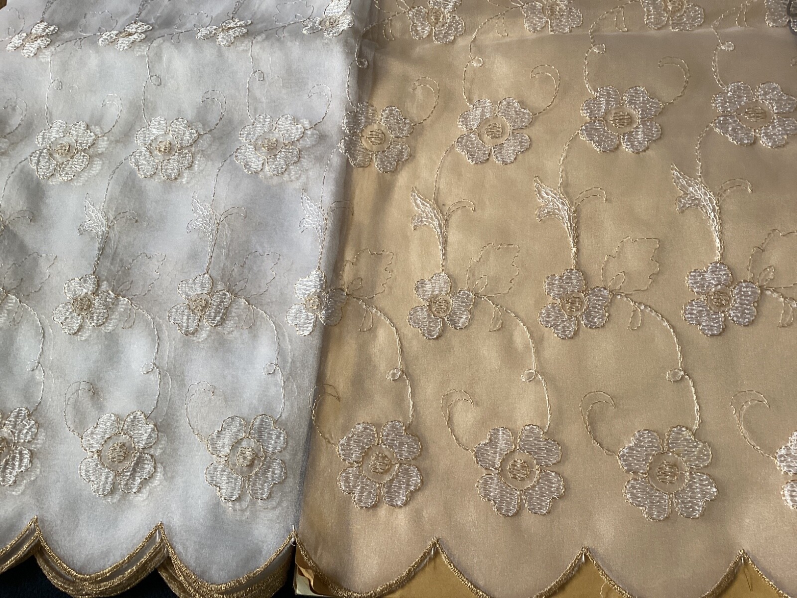 9 1/2 YDS GORGEOUS SCALLOPED GOLD METALLIC EMBROIDERED ON WHITE POLY ORGANZA