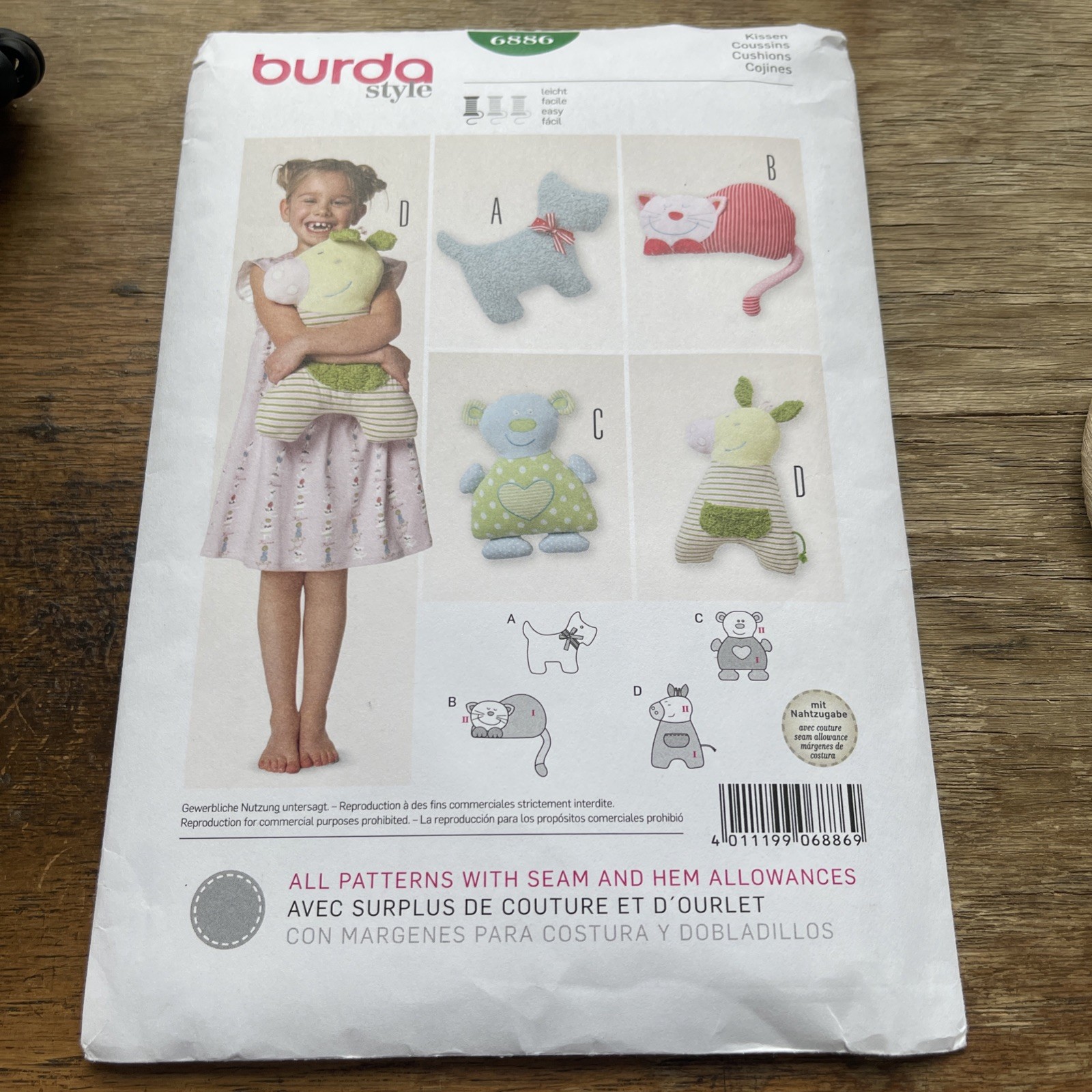 Burda Style Pattern 6886 ~ Cute Stuffed Animals ~ Cat ~ Dog ~ Bear ~ Kangaroo