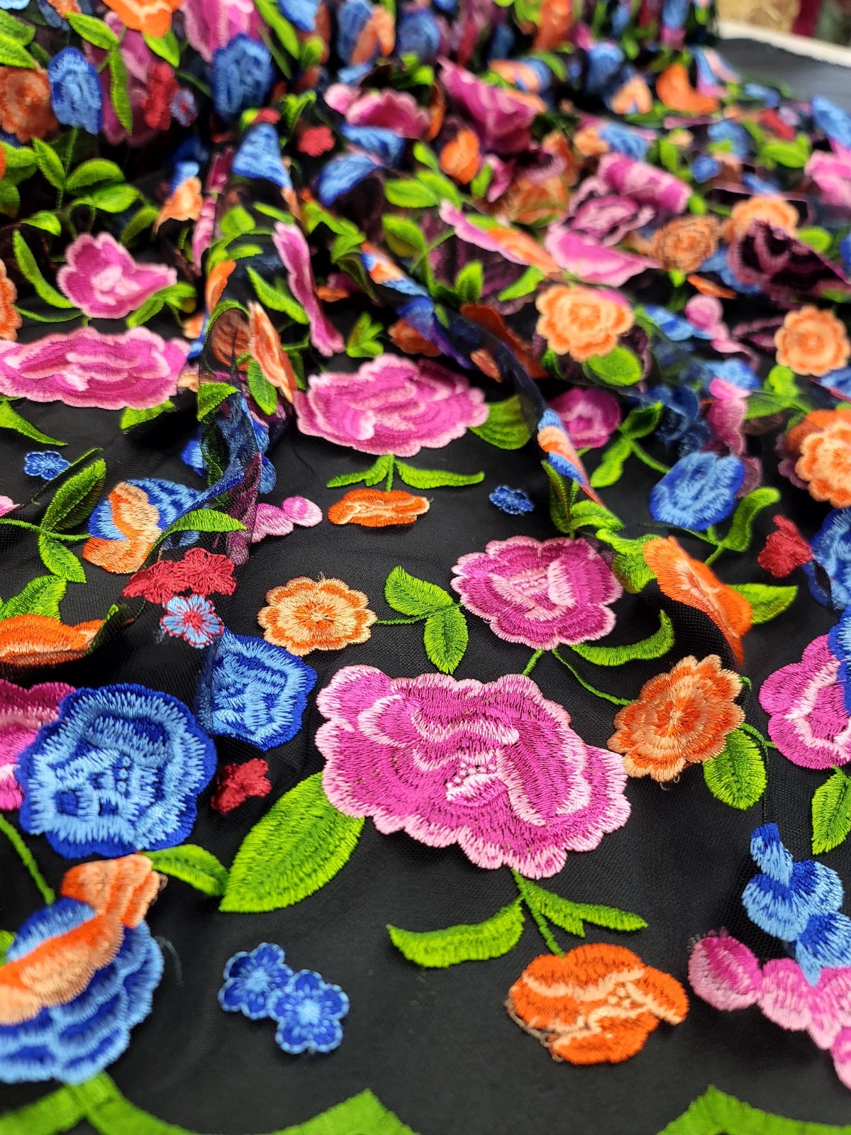 Lace Multicolor Embroidery Orange Fuchsia Floral Fabric By The Yard Black Mesh