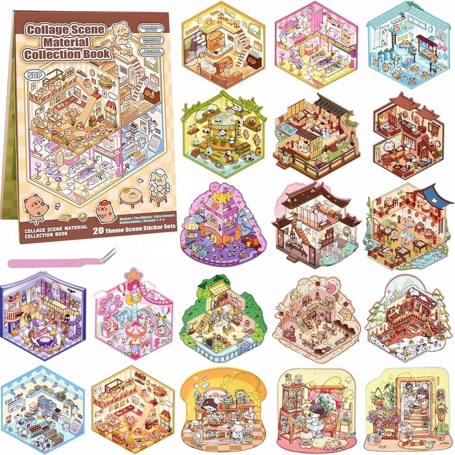 20 Sets 3D Sticker Scene, Miniature House Book for Sticker Therapy, Cute Cartoon
