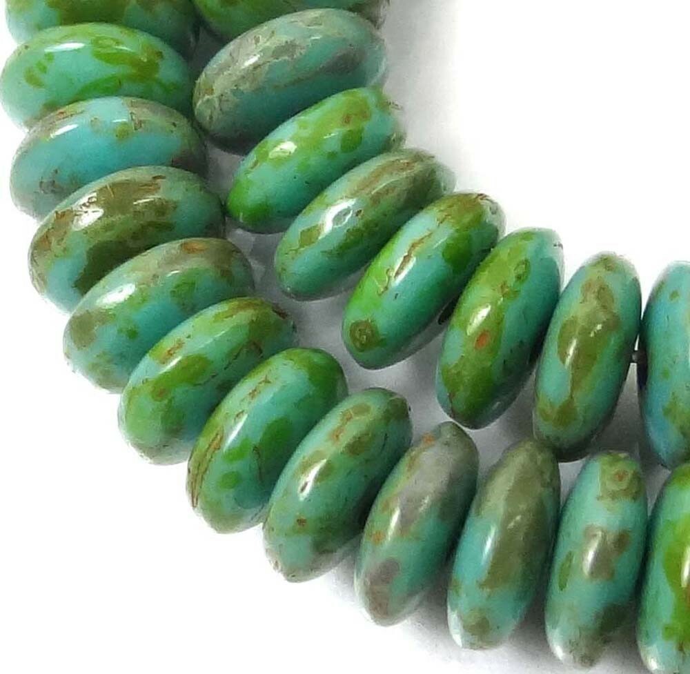 50 Czech Glass Rondelle Beads – Green Turqouise – Picasso 6x2mm