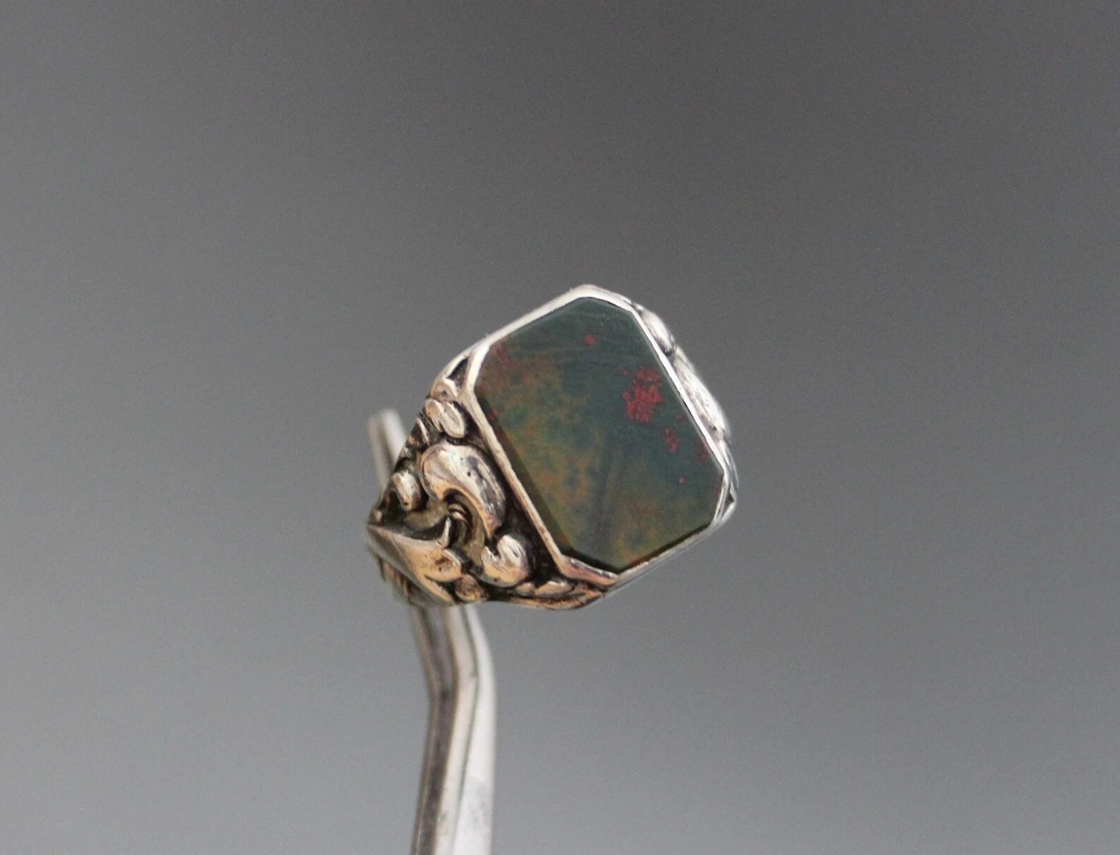 Art Deco Mens Signet Ring. Bloodstone 925 Silver,Antique Fob Ring. Gentlemen’s,