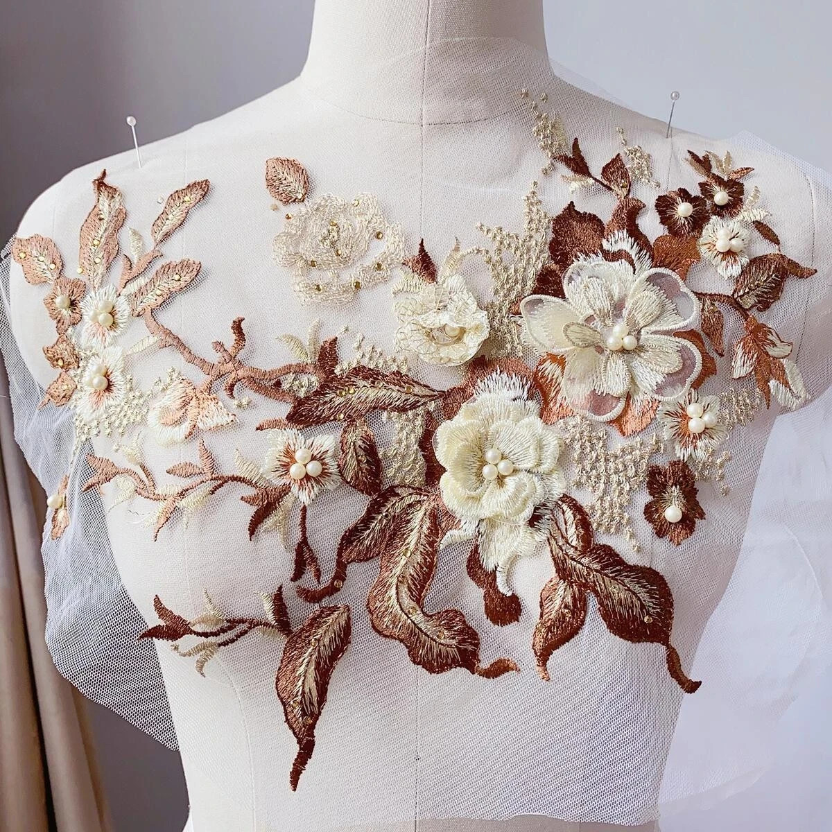 3D Flowers Beaded Lace Fabrics Applique Embroidery Sewing On Patches
