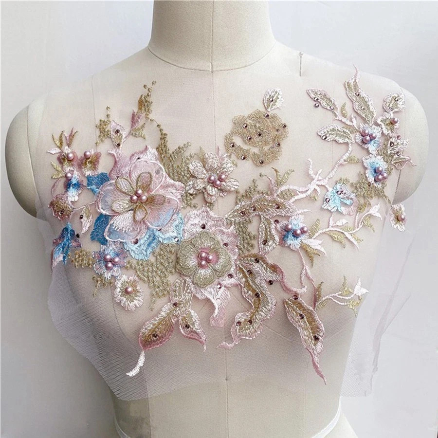 3D Flowers Beaded Lace Fabrics Applique Embroidery Sewing On Patches