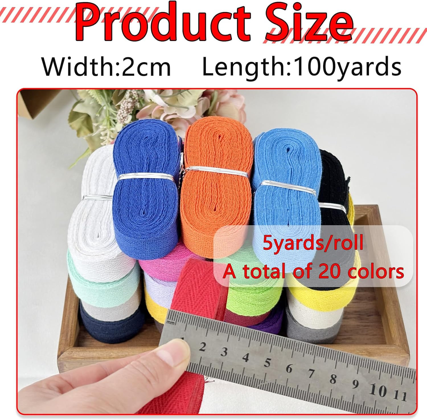 Cotton Twill Tape Ribbon – 100 Yards 3/4Inch, 20 Colors Webbing Straps Herringbo