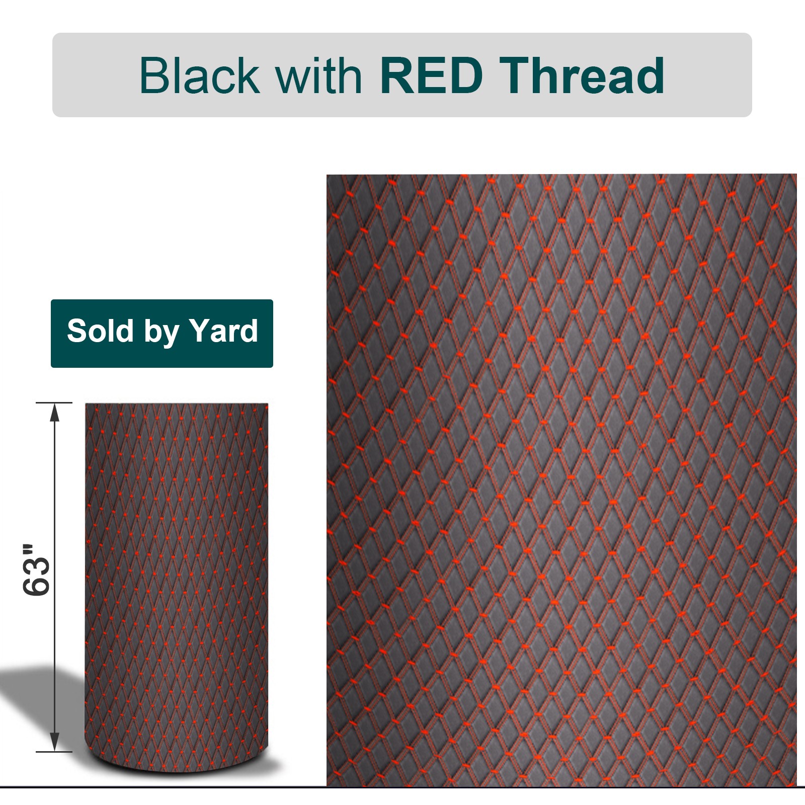 63″ Quilted PU Leather Fabric Diamond Red Stitch Car Upholstery Material DIY