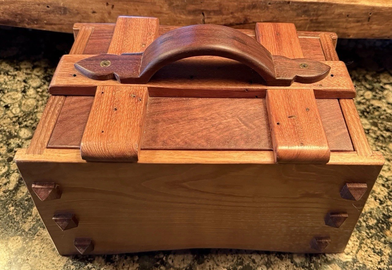 Multi-use Handmade box, made with Wormy Chestnut and Walnut wood, Iron Handles