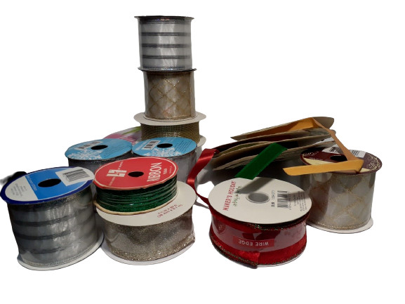 14 Rolls of Christmas Ribbon, Brand & Size Varies, Velvet, Wired, Gold, Silver