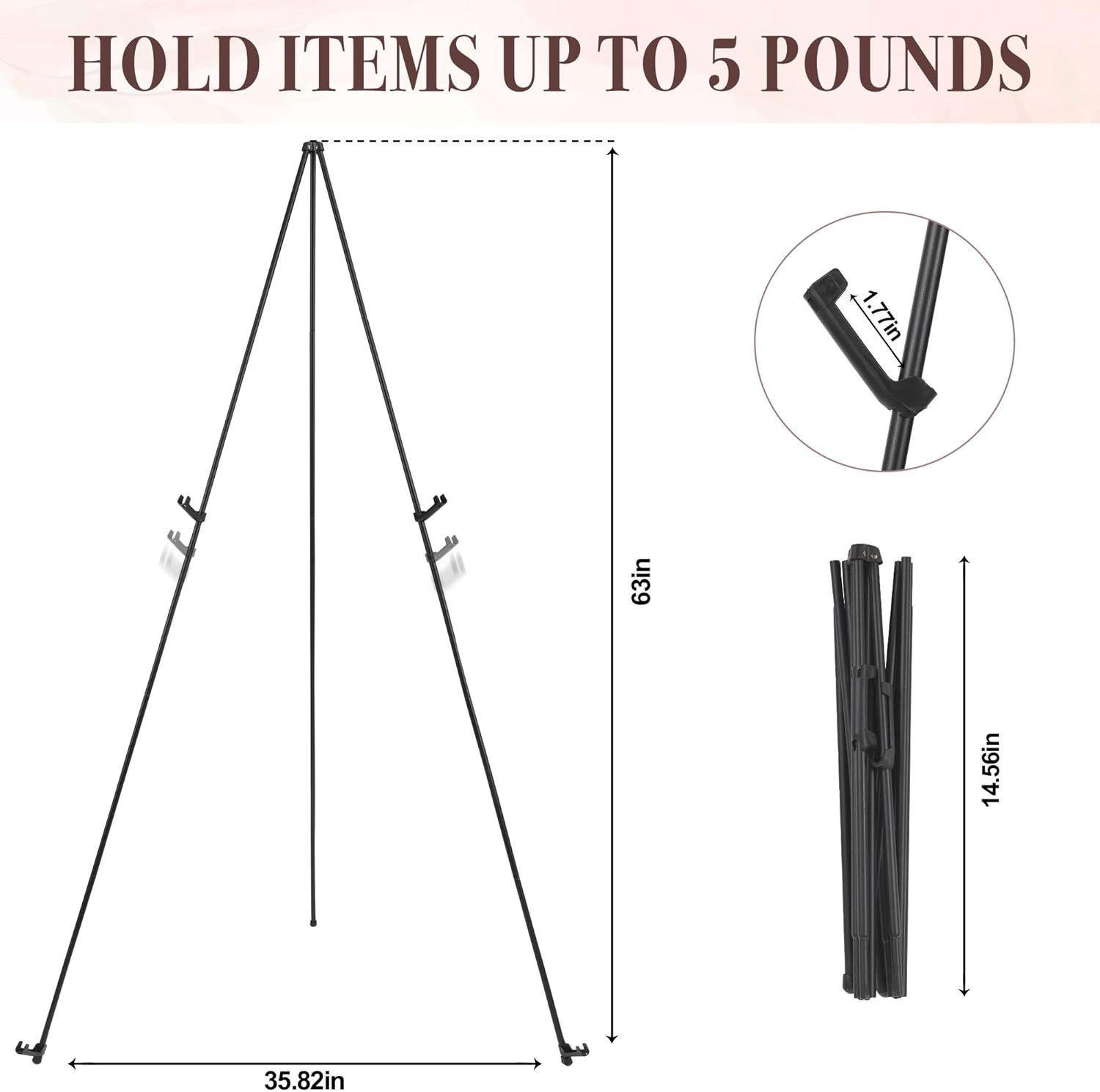 Portable 63” Black Metal Easel – Adjustable Height Display for Wedding Signs