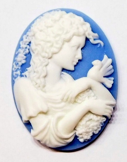 4 of 40x30mm White over Blue Victorian Curly Hair Women Birds Cameos Cabochon