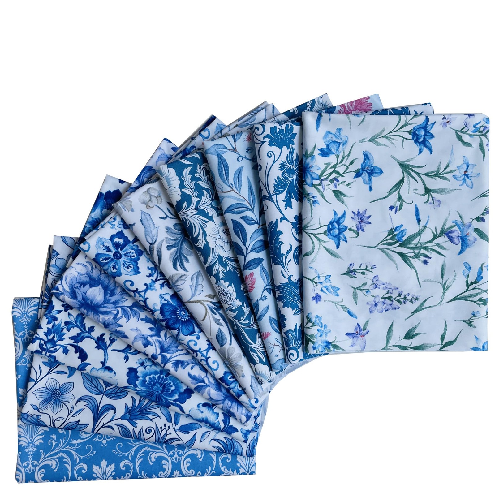 Fat Quarters Quilting Cotton Fabric Bundles for Sewing-10 PCS Blue Floral