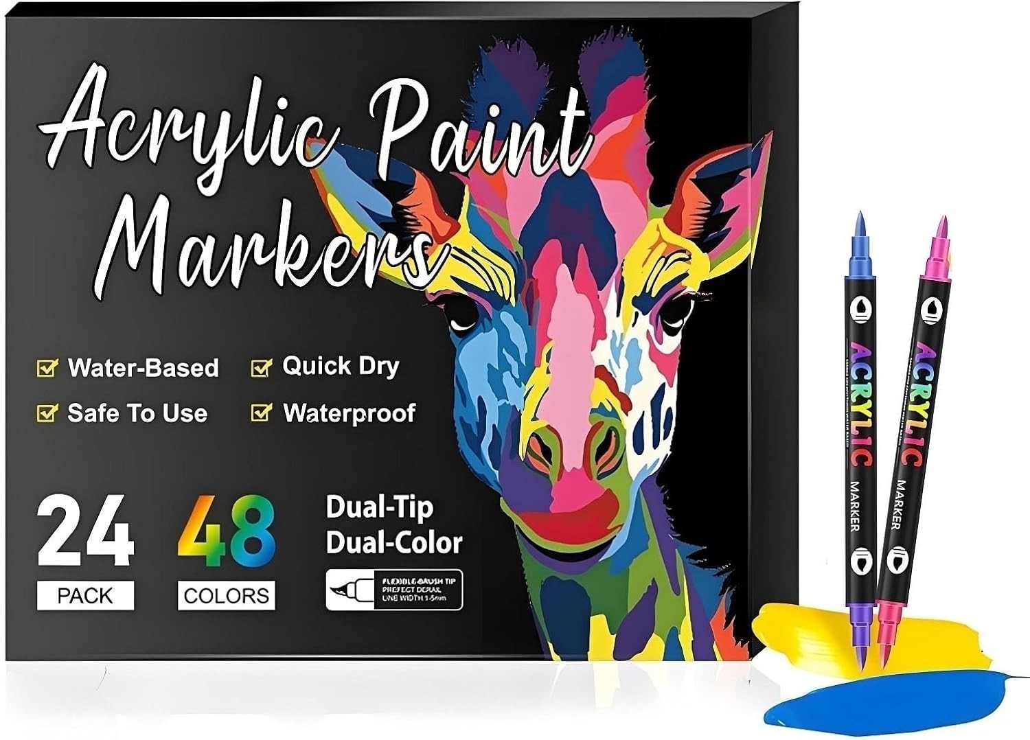 Acrylic Paint Marker Pens Set Brush/Fine Dual Tip Permanent Waterproof Opaque