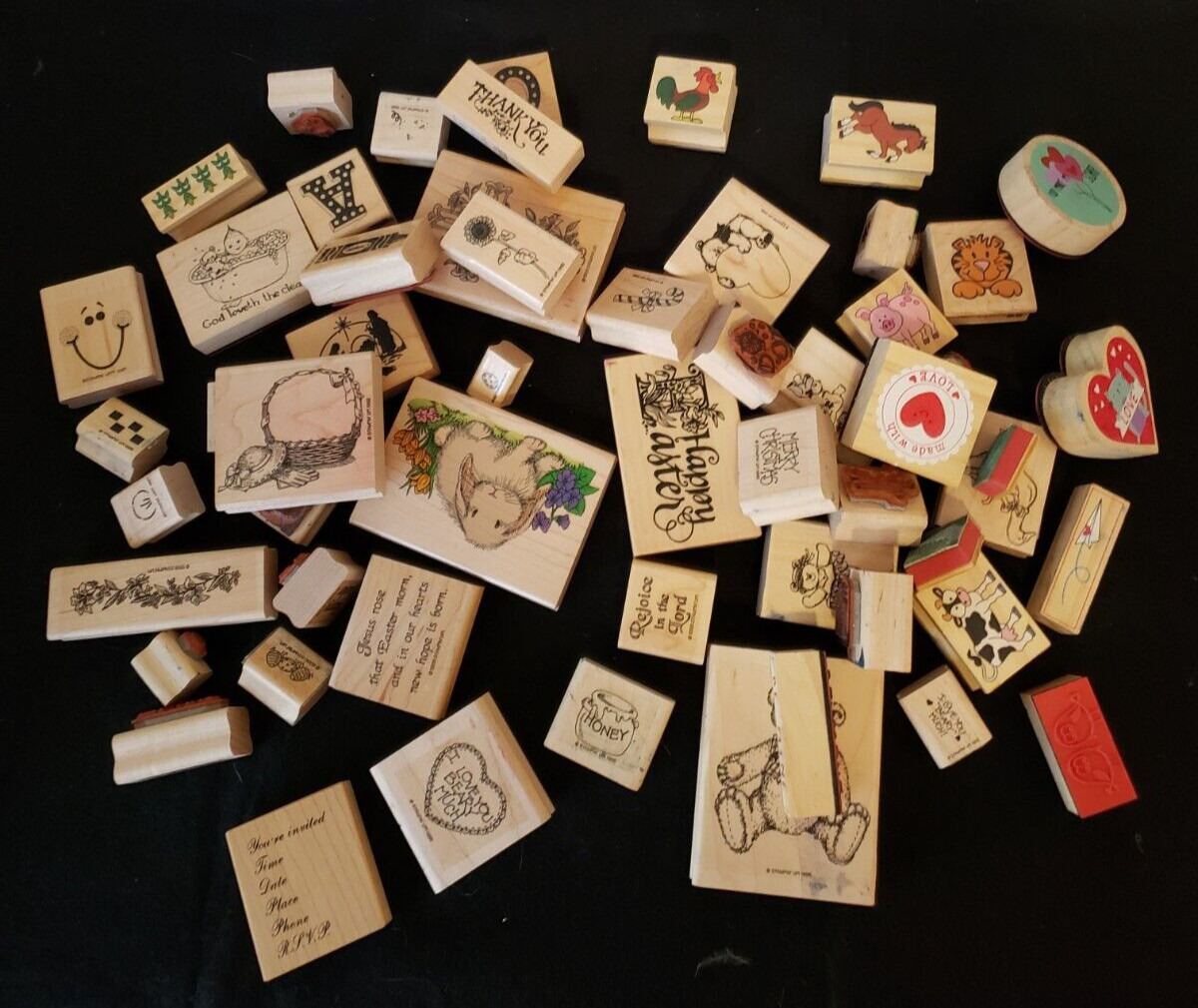 Lot of 50+ Wooden Rubber Stamp Valentine Easter Christmas Religious Bears Garden