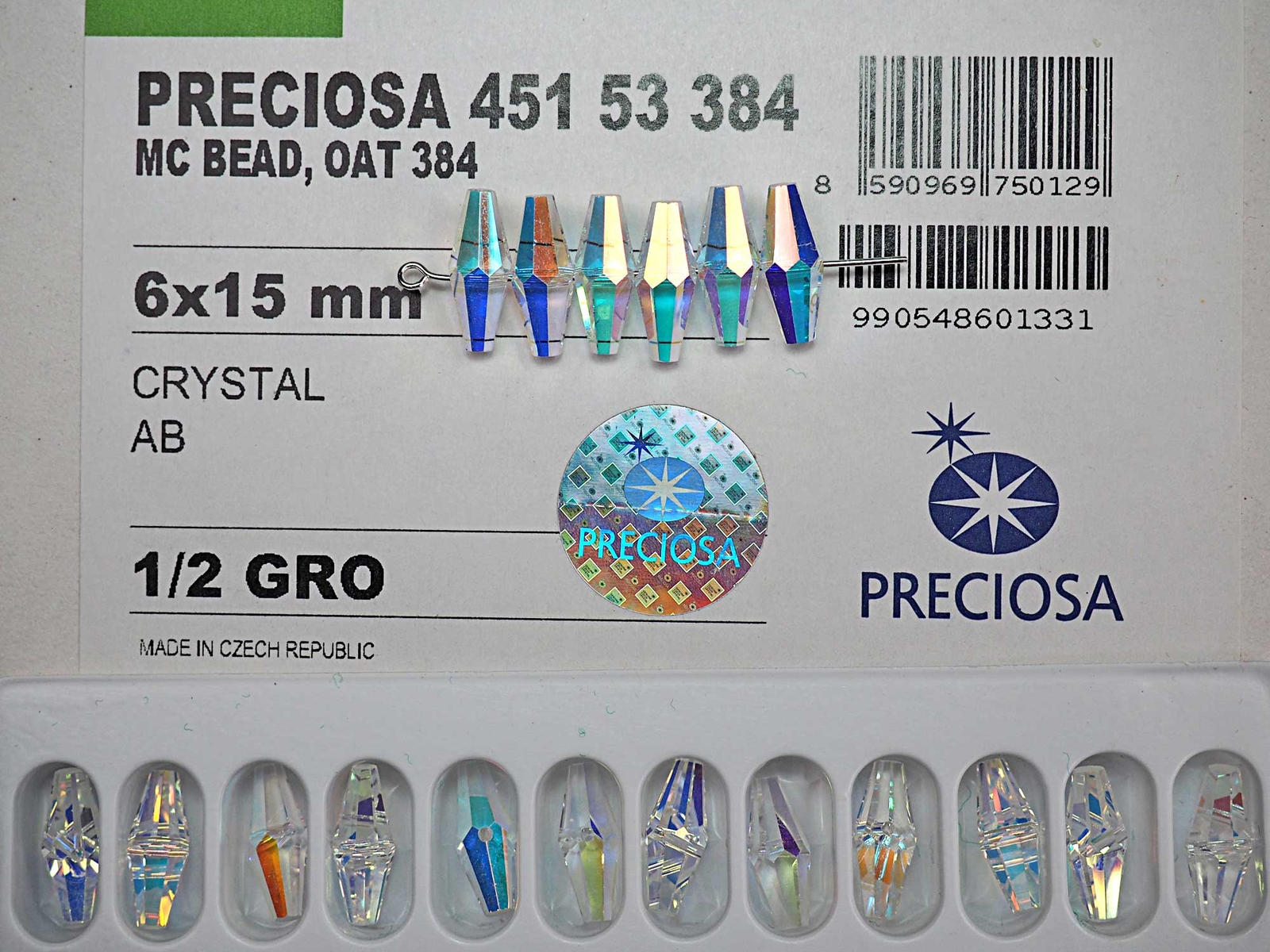 Crystal AB Preciosa Czech Machine Cut Oat Center Drilled Beads #384 6x15mm 6pcs