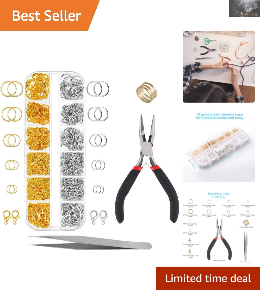 1200-Pc Jewelry Making Kit with Jump Rings, Clasps, and Tools in Silver & Gold