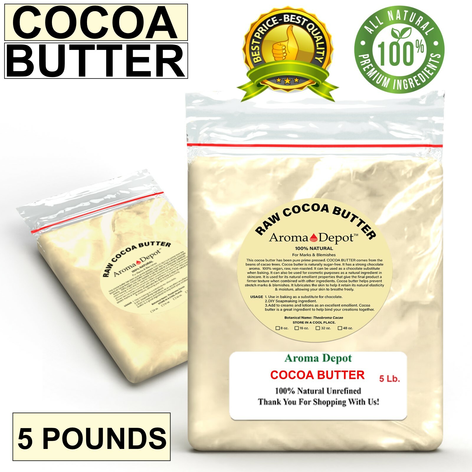 Raw Cocoa Butter 5 lb100% Pure Natural Virgin Prime Pressed Unrefined Skin Hair