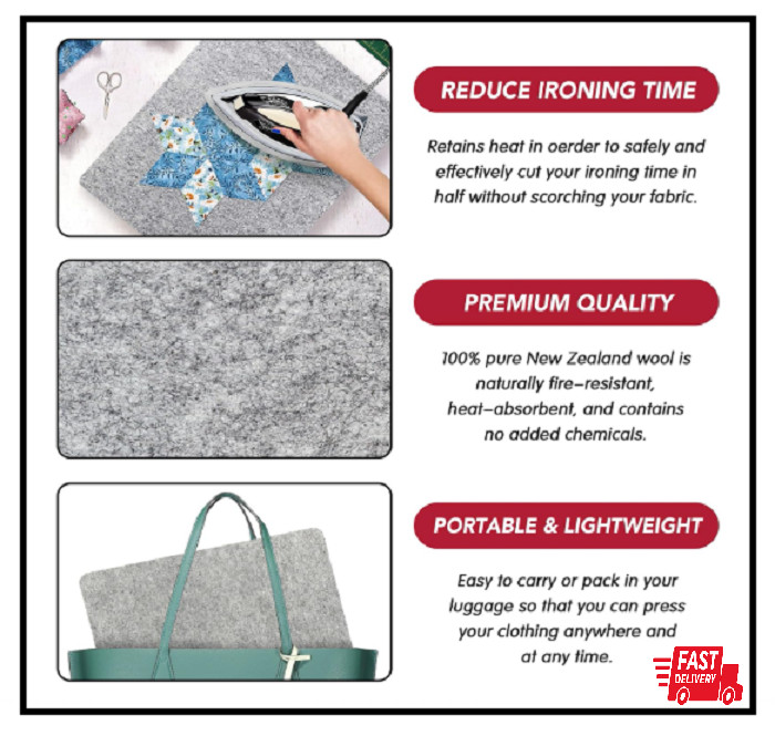 Wool Pressing Mat for Quilting, 100% Wool from New Zealand, Portable Felted Iron