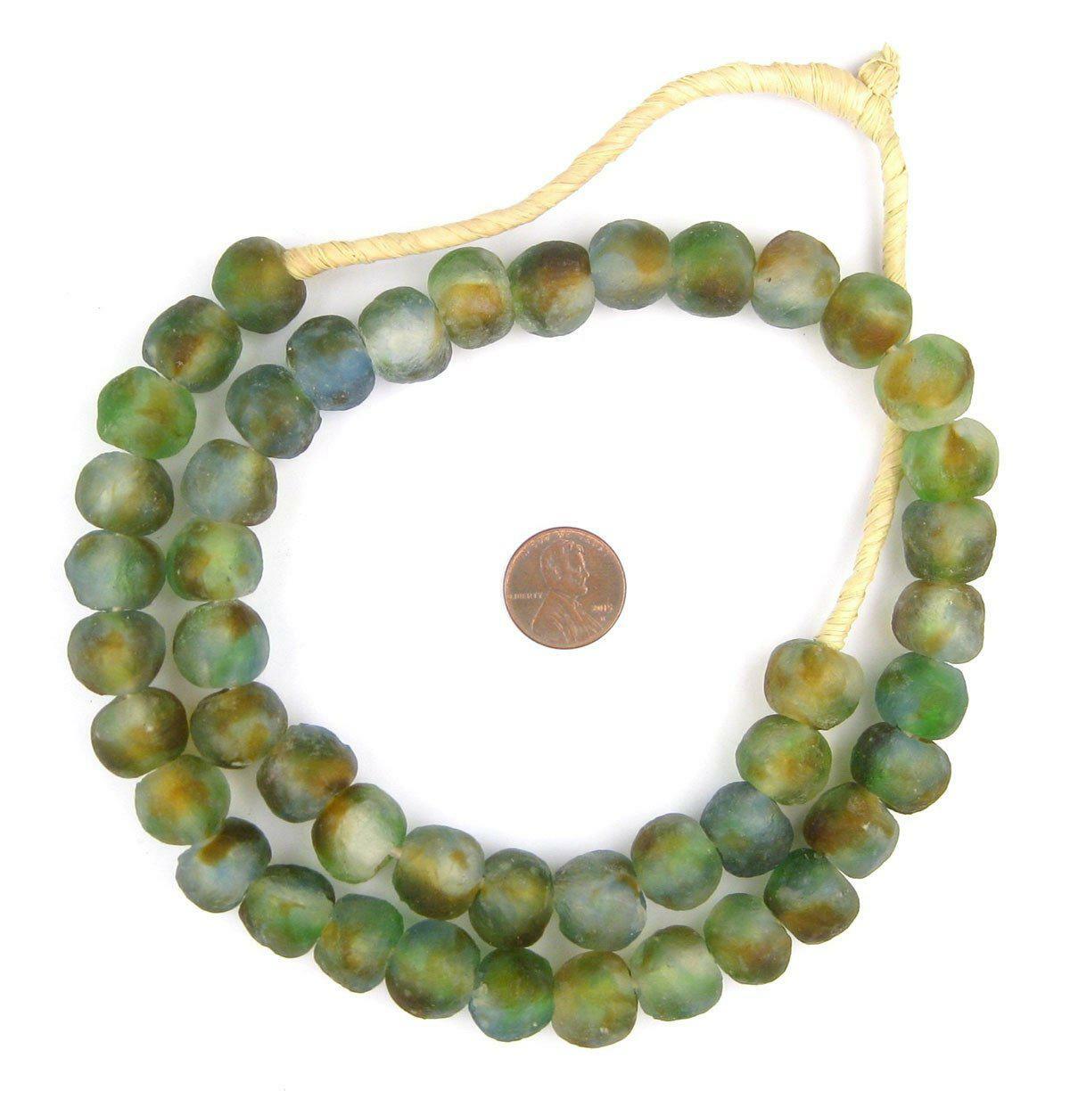 Blue/Green/Brown Swirl Recycled Glass Beads 14mm Ghana African Sea Glass Round