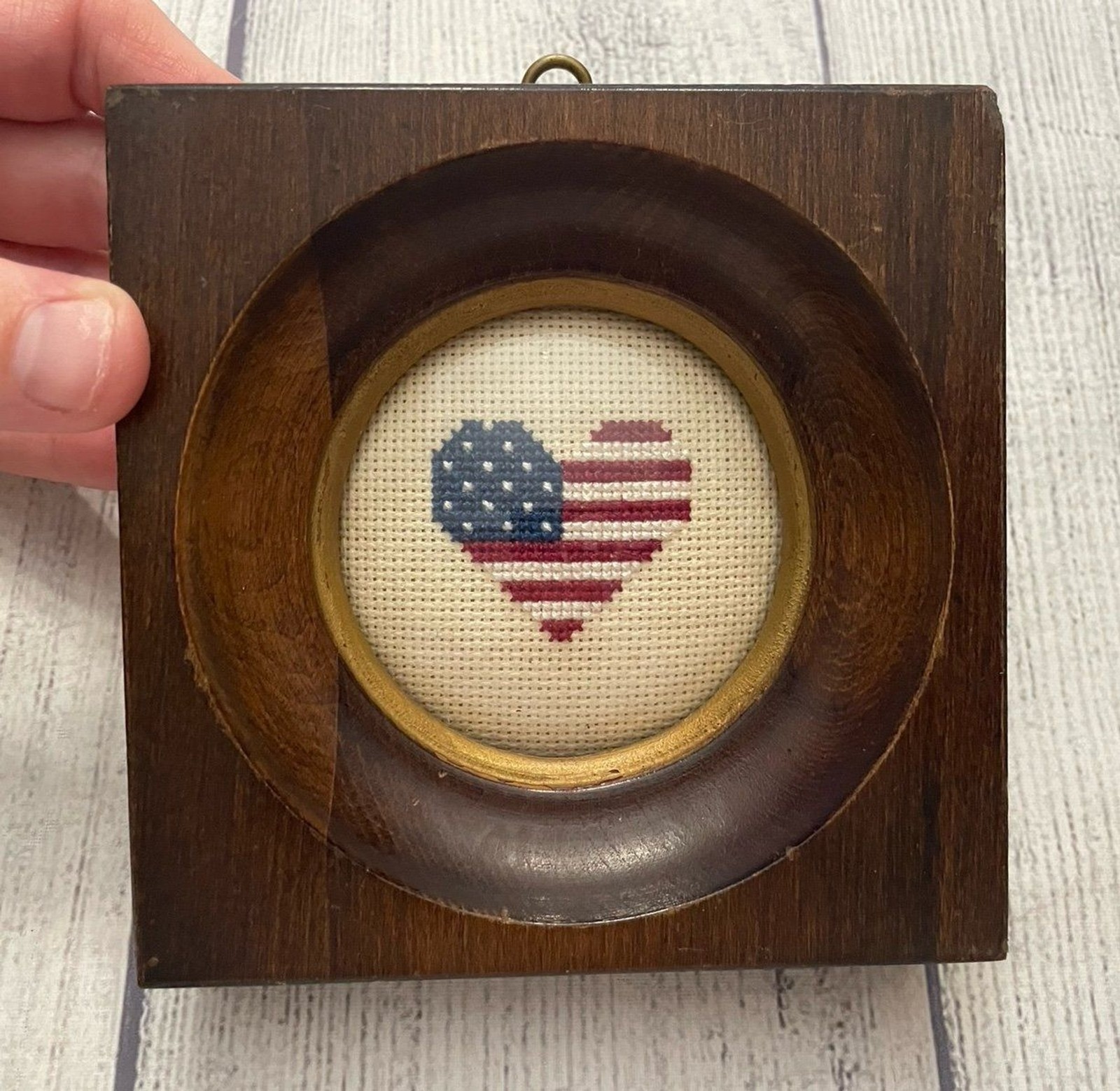 Vintage Vtg Framed American Flag Cross Stitch Picture