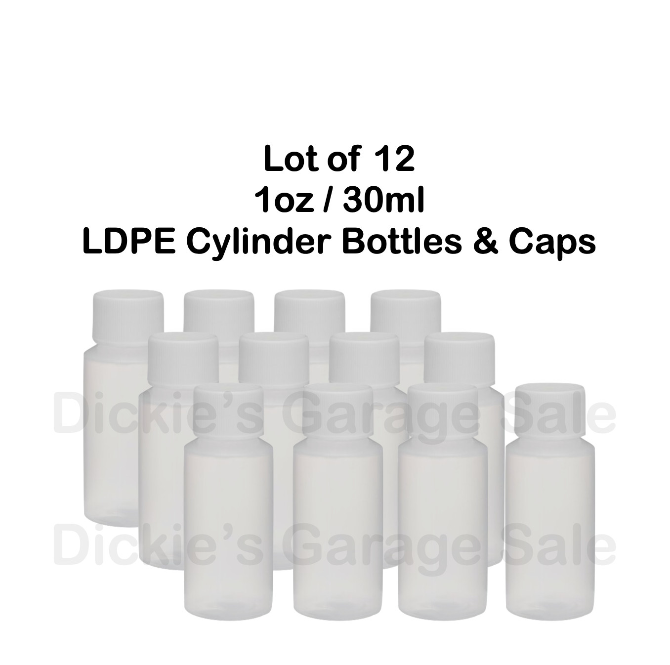 12 EMPTY 1oz / 30ml LDPE CYLINDER BOTTLES & WHITE CAPS WITH FOAM LINERS