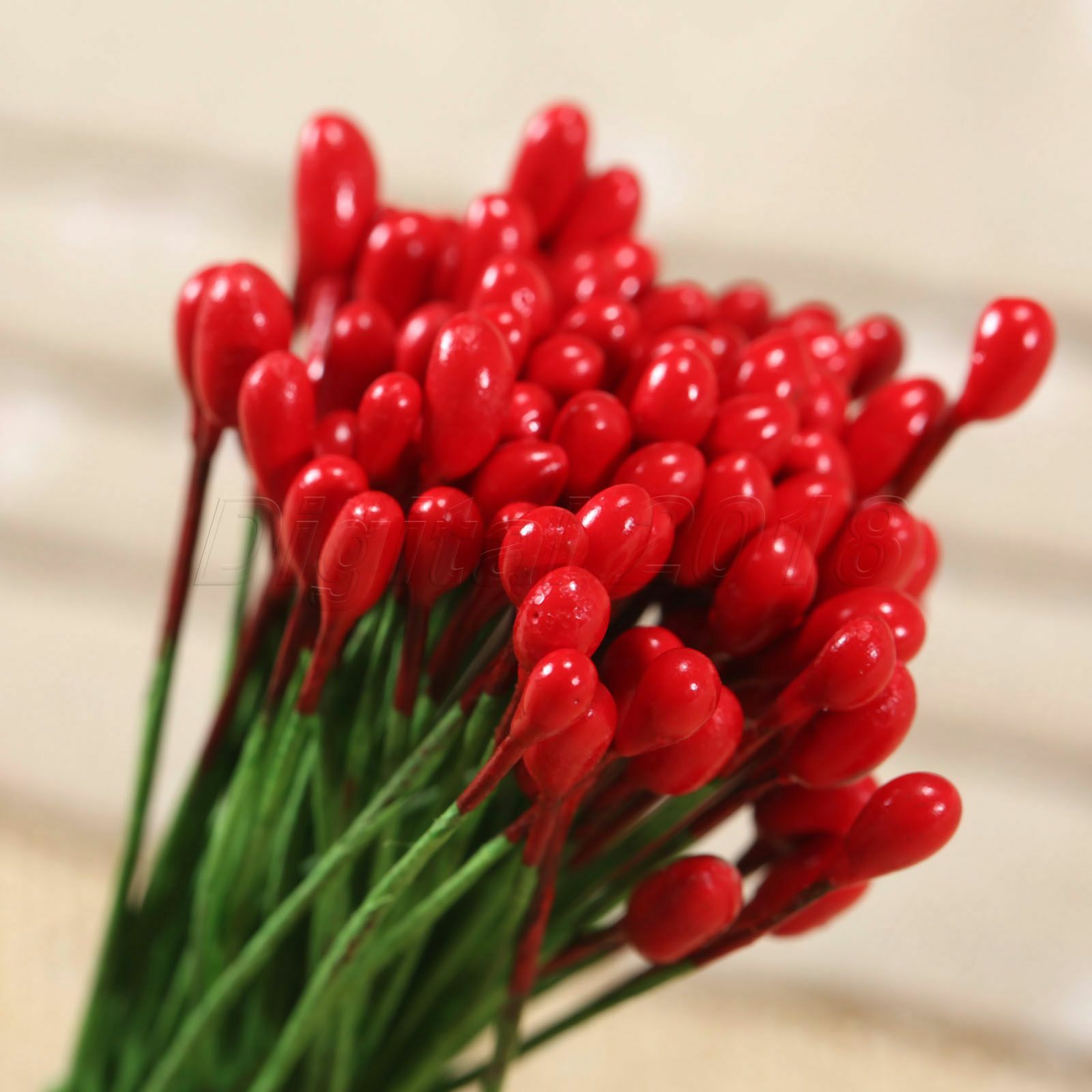 Approx 100Pcs Artificial Red Double Sided Round Flower Stamen Wire Wrapped Craft