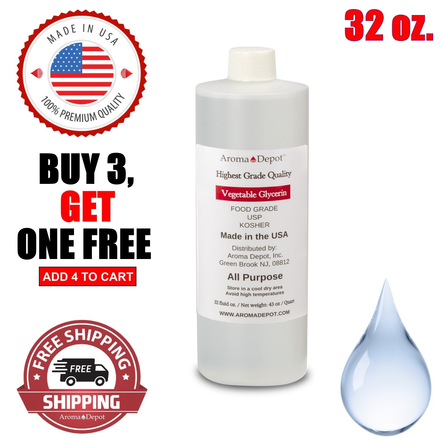 32 oz Vegetable Glycerin Non GMO 99.9% USP Kosher Pure VG Food Grade USP