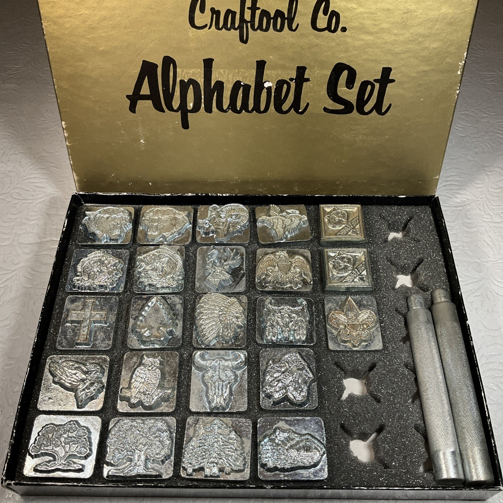 23 Vtg Craftool 3D Leather Stamp Set Lot Scout Indian Bass Ram Trees Animals Owl