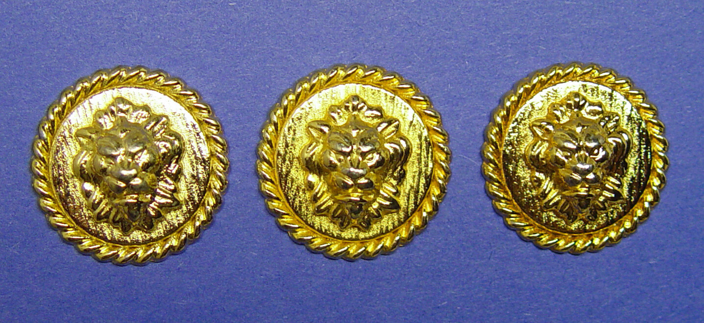 3 Unknown brand gold tone Lion-head solid metal buttons, good used condition