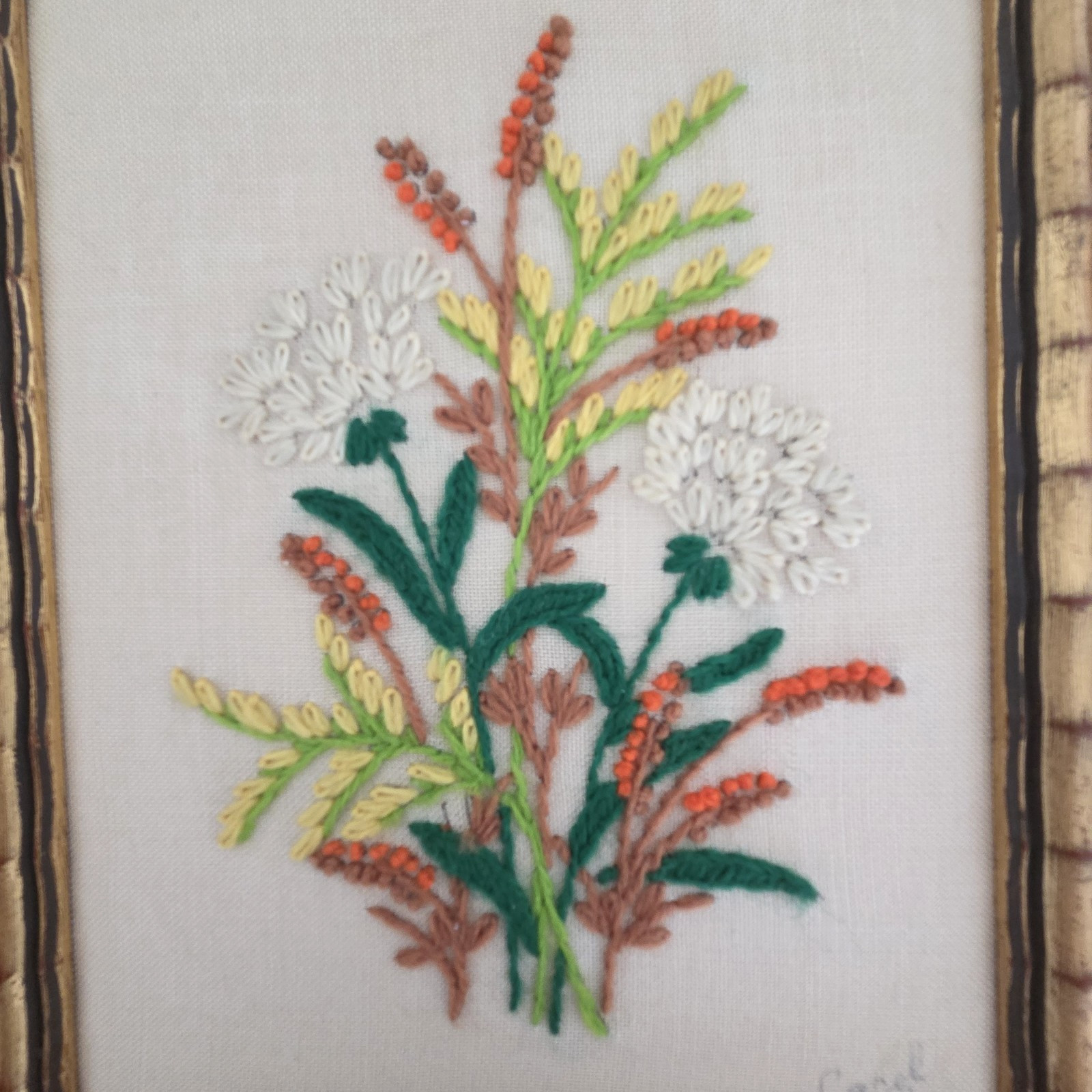 VTG Crewel Embroidery Wall Art Pair Flowers Faux Bamboo Gold Frame Grannycore