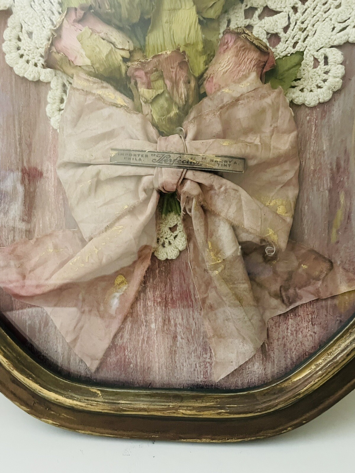 Old World Antique Curb Glass Antique Frame Faux Rose Bouquet Handmade CL