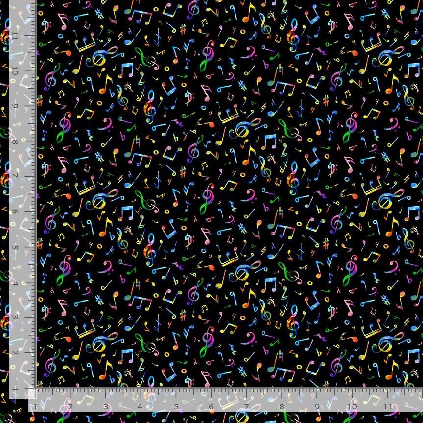 Music Fabric | Painted Guitar Tiny Music Notes Black | Timeless Treasures YARD