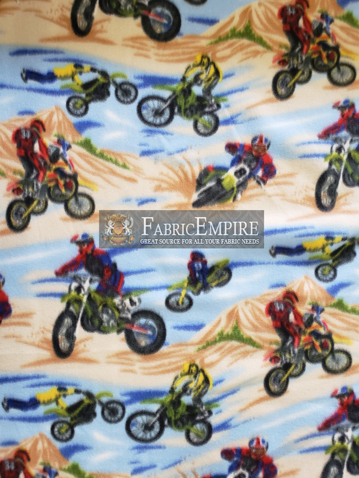 Fleece Printed Fabric MOTOCROSS BLUE BROWN 58″ Wide Sold by the yard