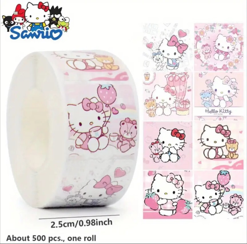 500 pcs Sticker Seals Roll Cute Pink Square Hello Kitty Semi Gloss Self Adhesive