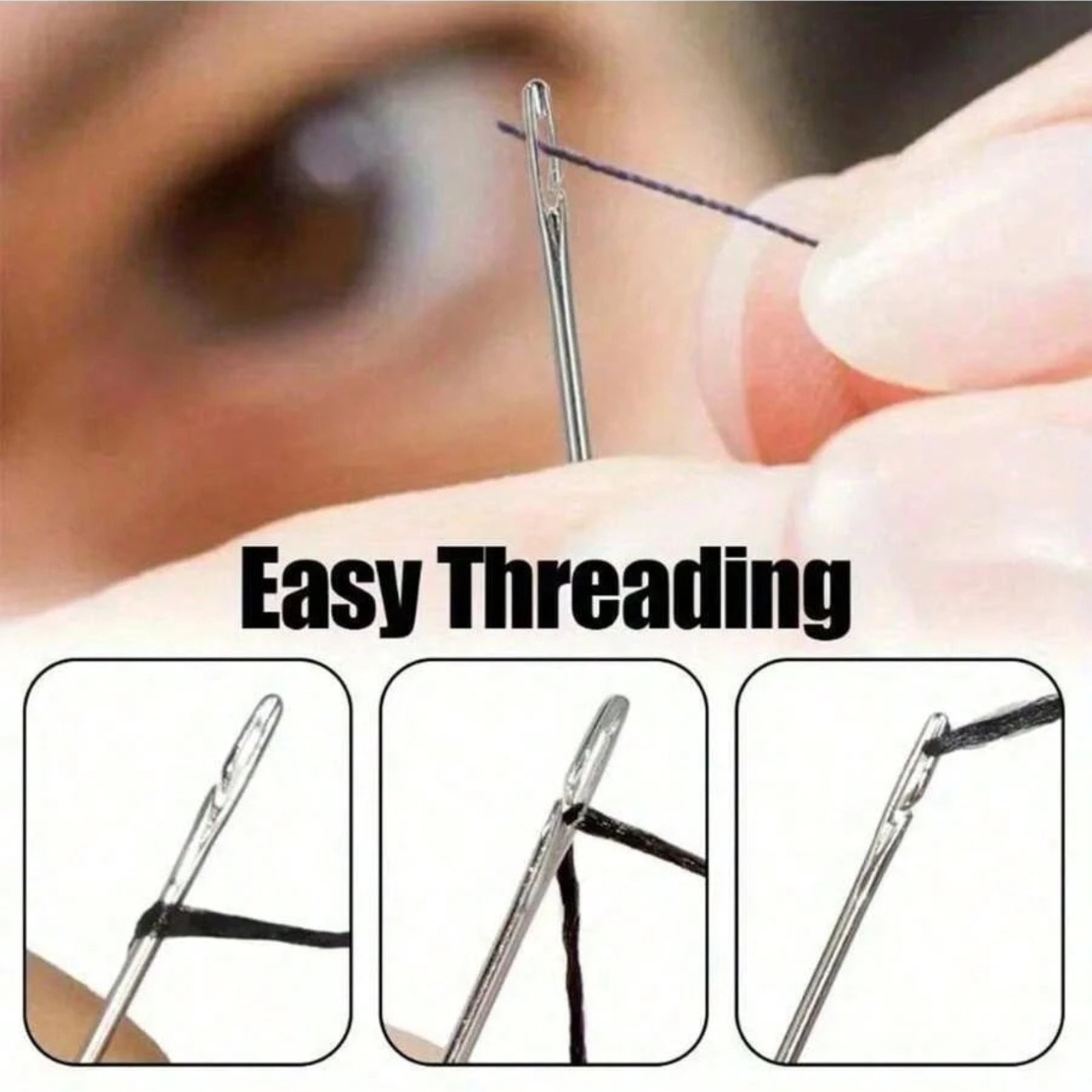 12Pcs Self Threading Sewing Needles Side Eye Needles with Wooden Storage Box US