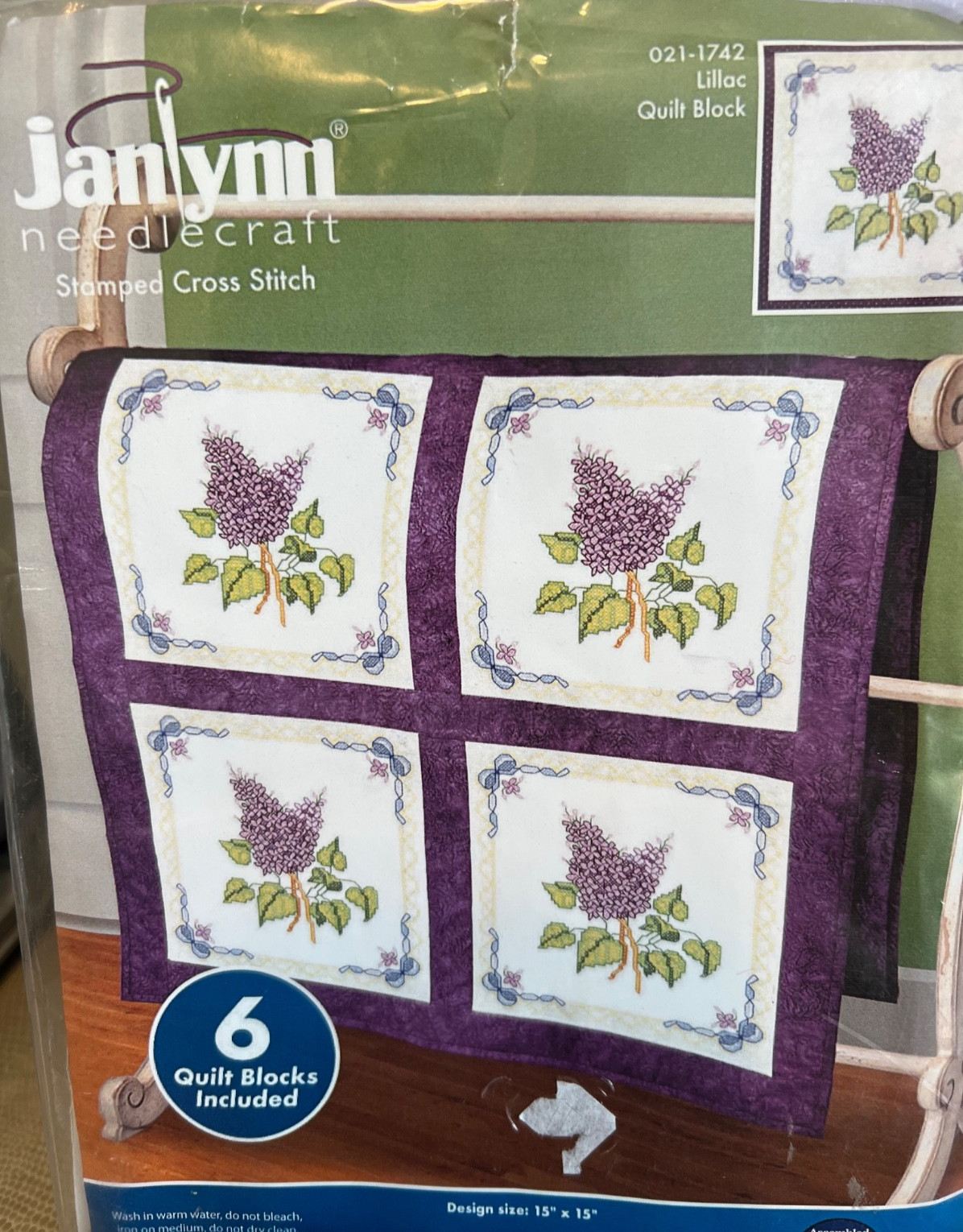 Janlynn Needlecraft LILAC 021-1742 QUILT Blocks 6 EA 18X18 FABRIC NO-FLOSS NWT