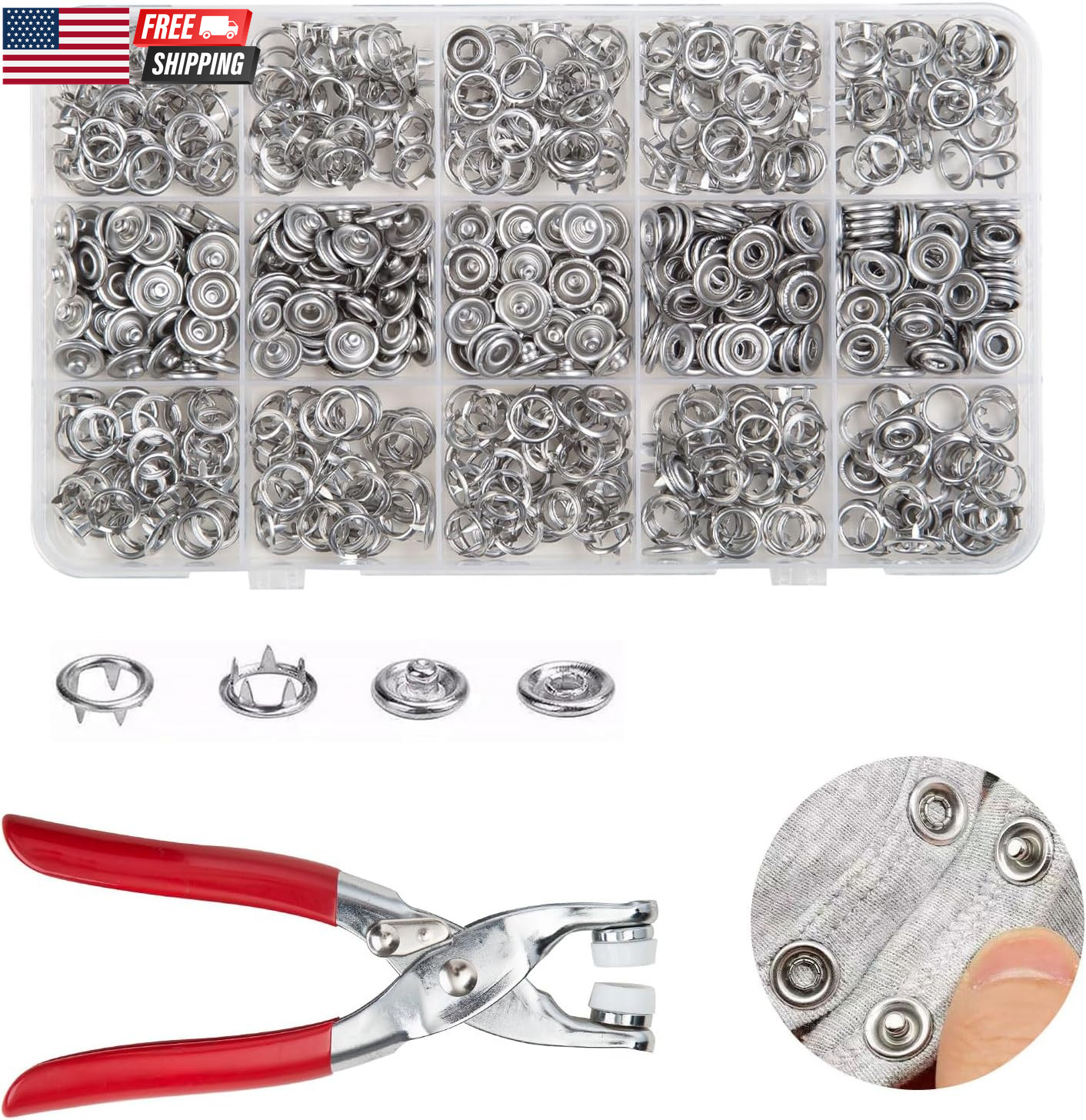 100 Sets Metal Snap Buttons Kit with Fastener Pliers Press Tool – 400 PCS 9.5Mm