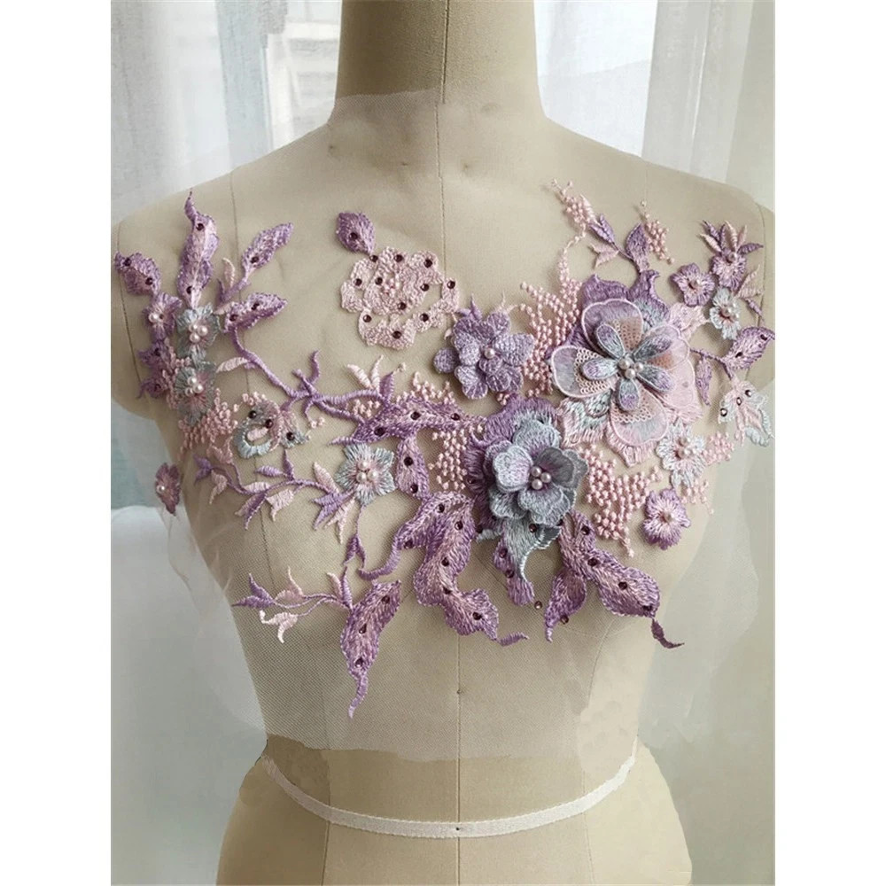 3D Flowers Beaded Lace Fabrics Applique Embroidery Sewing On Patches