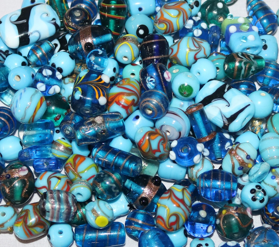 100 Lamp Work Glass Beads, Mixed Style & Sizes in Turquoise Color combination.