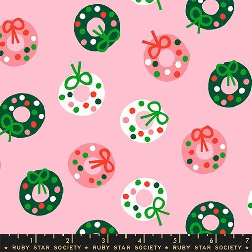 Fat Quarter Ruby Star Society “Merry Happy” Bough Down Wreaths Melody Pink