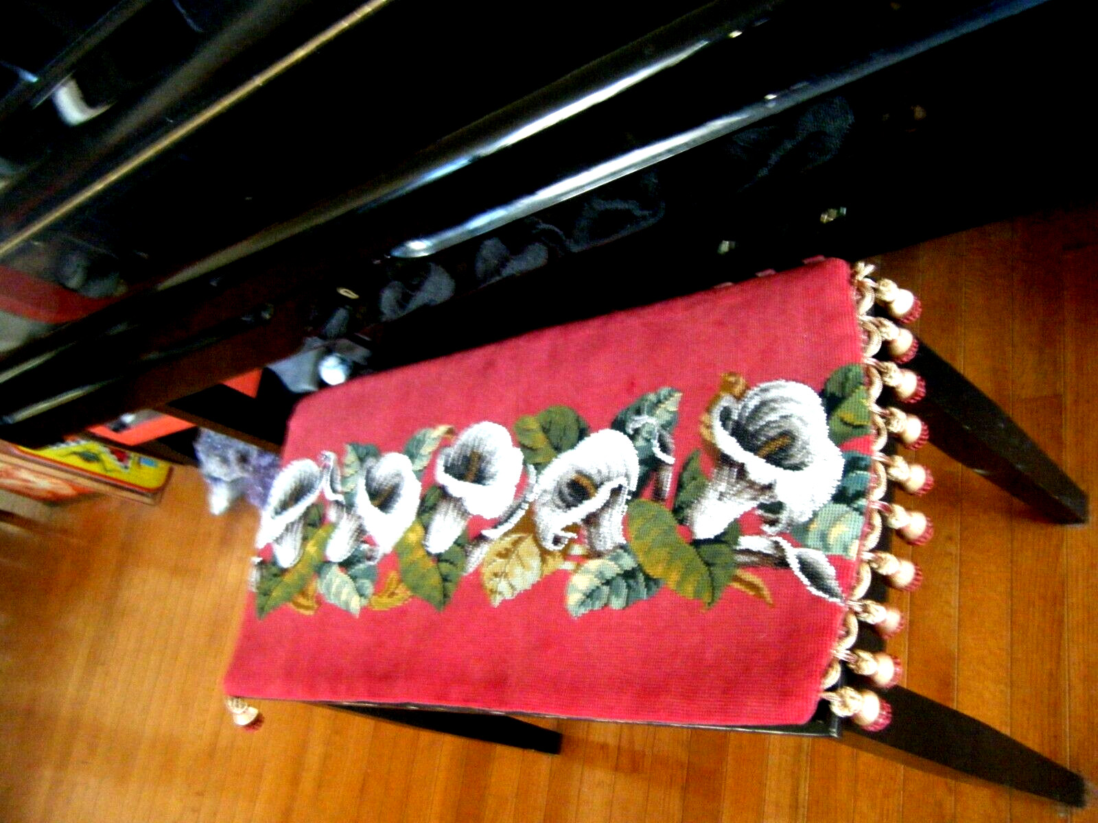 Victorian French Gorgeous Beadwork Needlepoint piano bench cover floral design