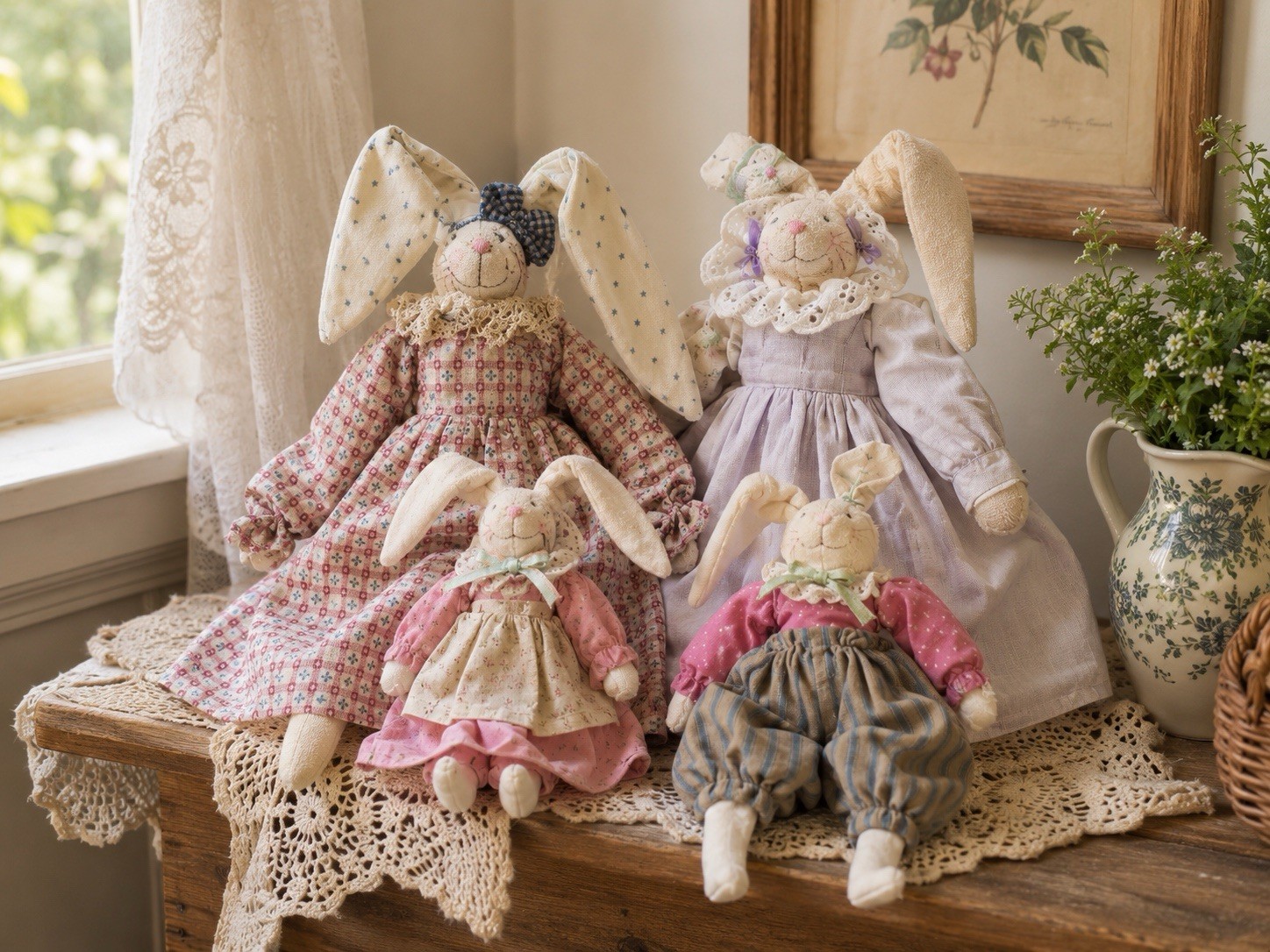 Vintage Handmade Bunny Rabbit Cloth Dolls Lot of 4 Primitive Country Decor