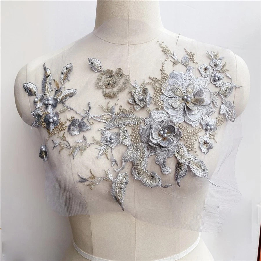 3D Flowers Beaded Lace Fabrics Applique Embroidery Sewing On Patches